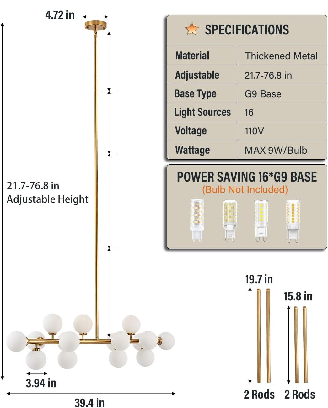Chandelier with specifications and dimensions on a white background