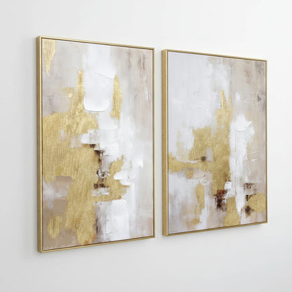 Two abstract art pieces with gold and white tones in gold frames on a white background.