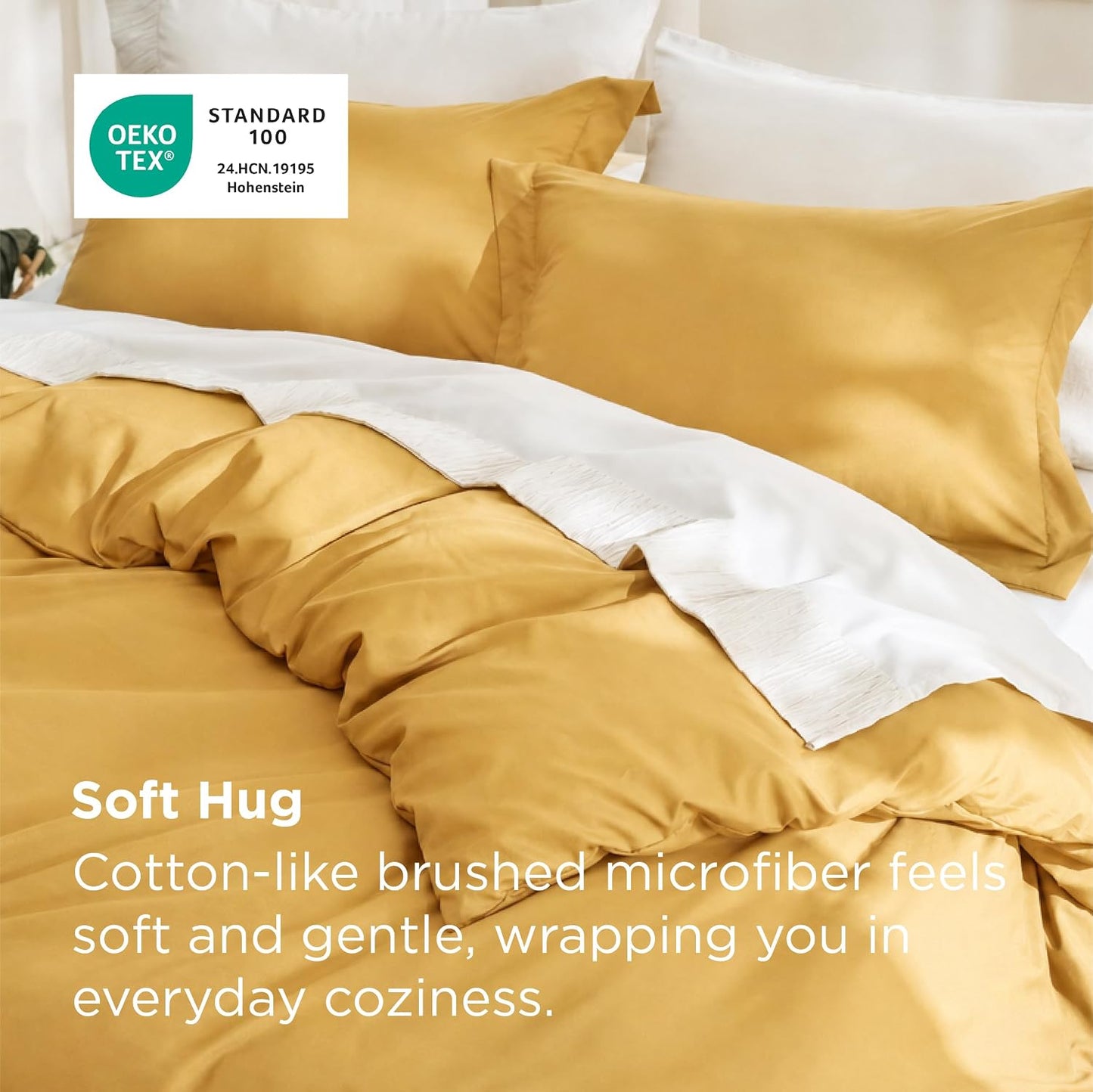 Golden yellow and white microfiber bedding set with matching pillows, featuring a white OEKO-TEX certification badge and descriptive text overlay.
