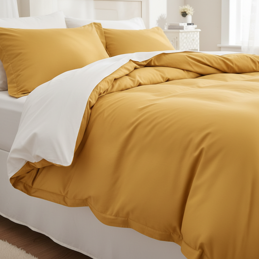 A mustard yellow bedding set with matching pillowcases and a white duvet cover, styled on a bed in a bright, modern bedroom.