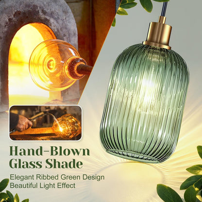 Hand-blown glass shade with ribbed design, glowing light, and glassblowing process inset.