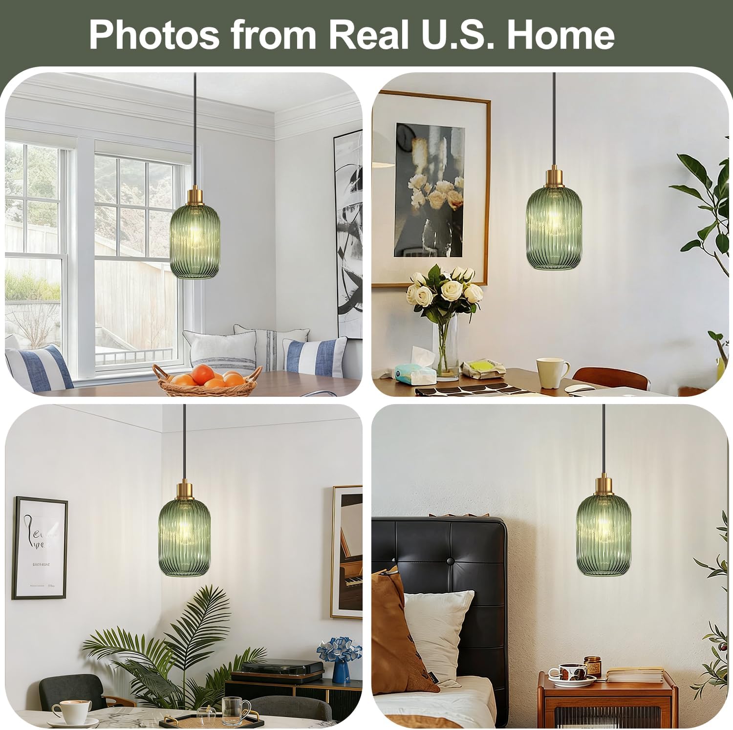 Collage of interior photos from a real U.S. home with green pendant lights.