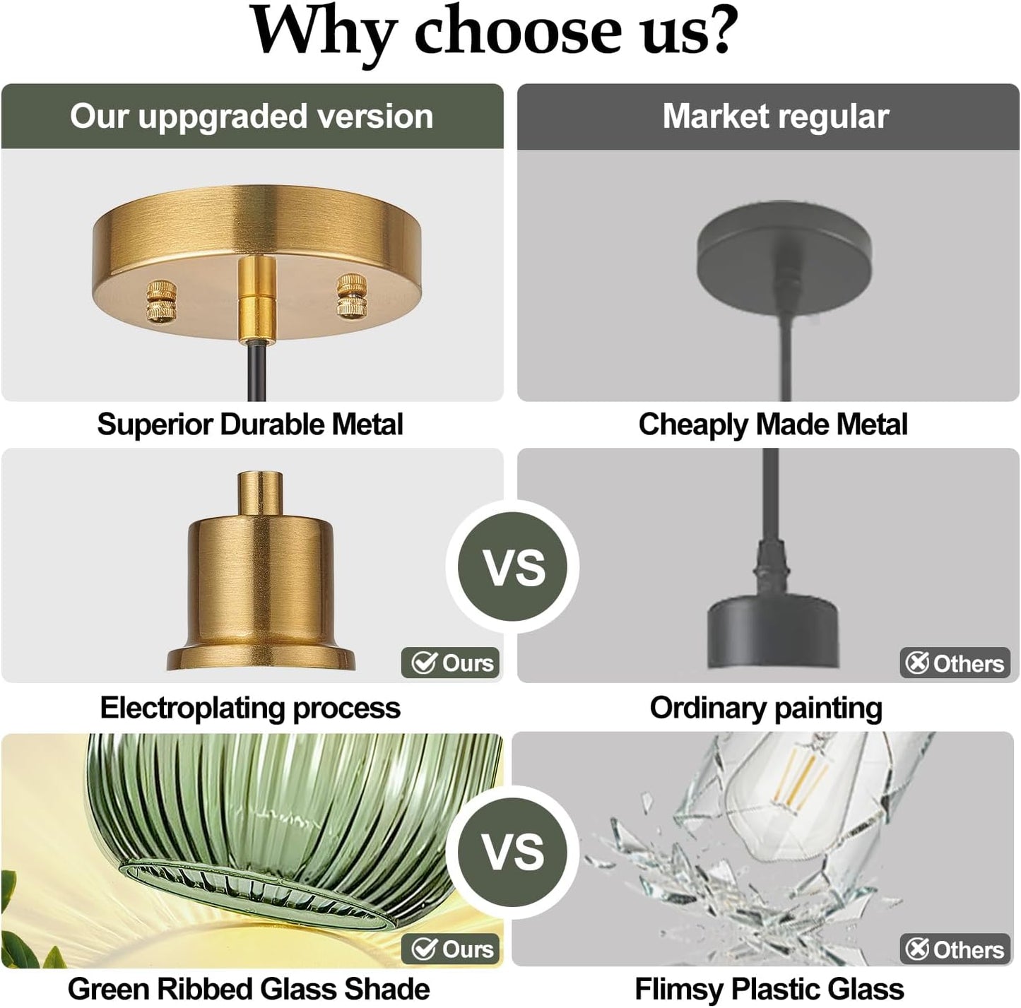 Comparison chart of upgraded and regular pendant lights with metallic and glass differences.