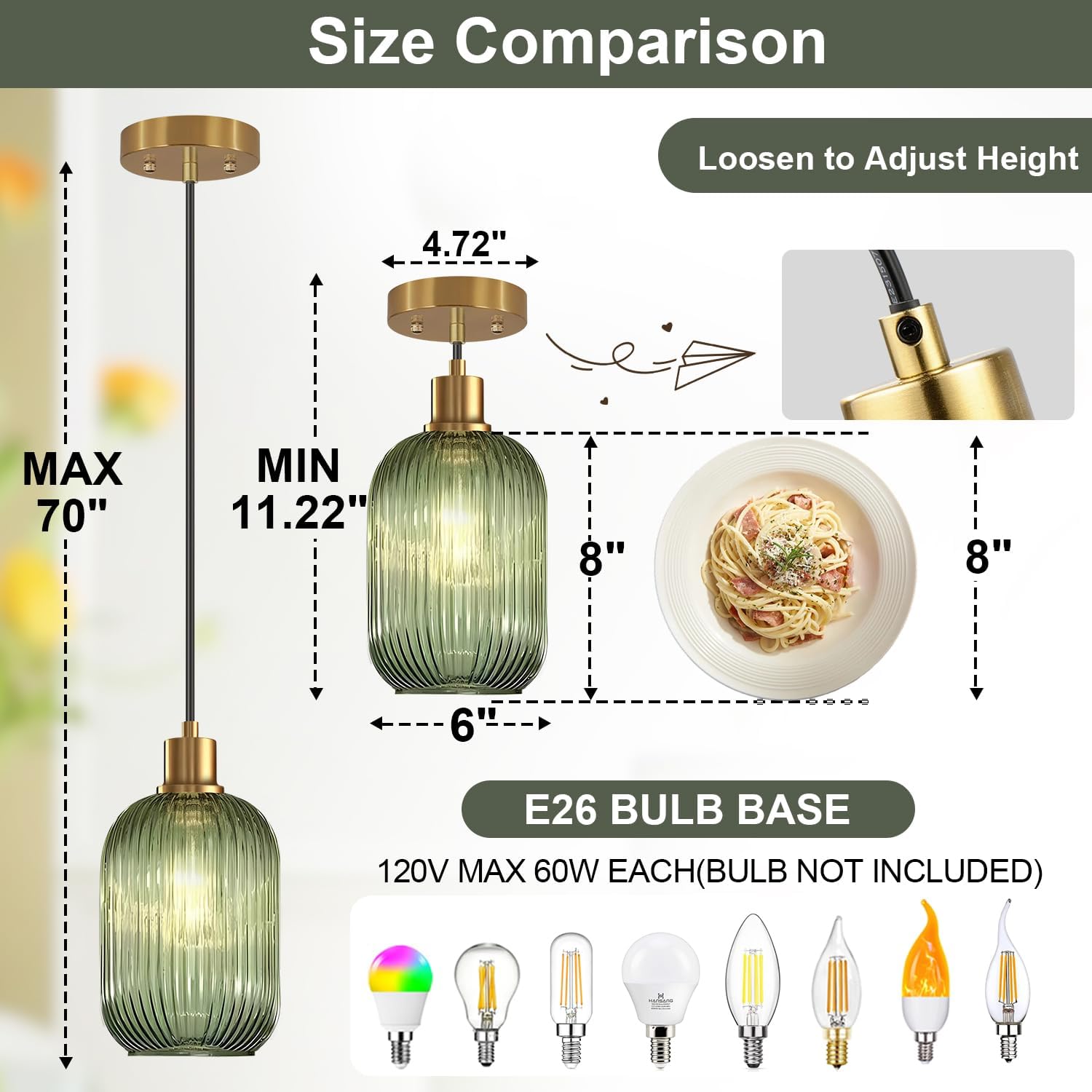 Size comparison chart of a green pendant light with measurements and bulb options.