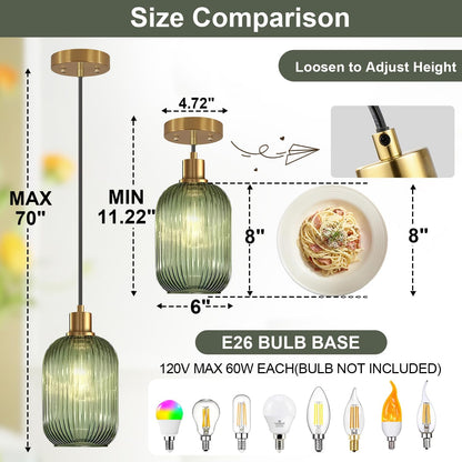 Size comparison chart of a green pendant light with measurements and bulb options.