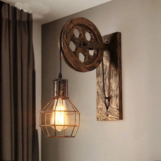 Decorstly Vintage Lifting Pulley Wall Sconce | Retro Style LED Lamp Fixture for Indoor Bedroom