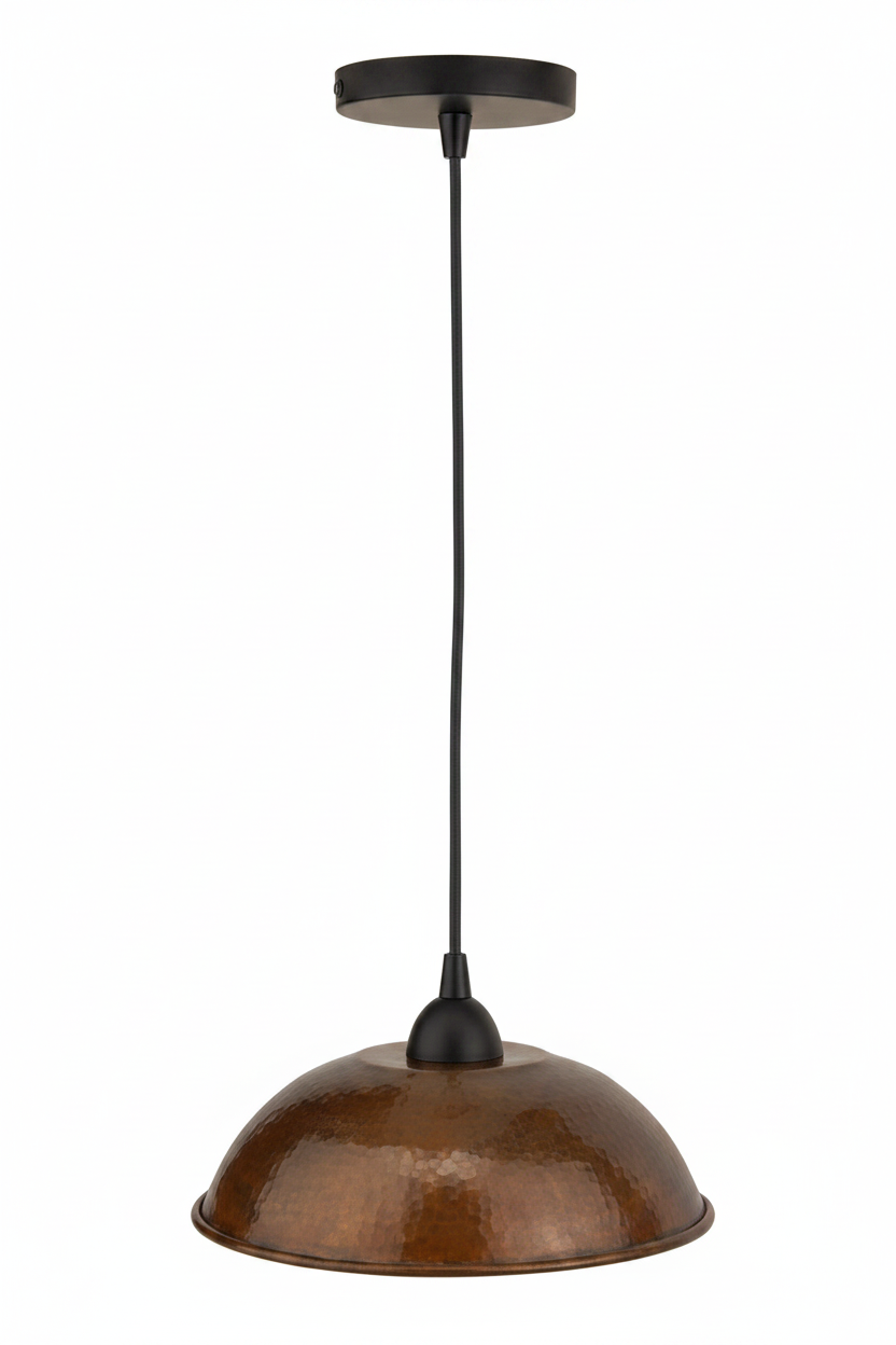 Brown pendant light with black hanging cord on a white background
