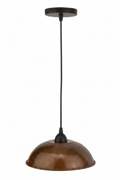 Brown pendant light with black hanging cord on a white background
