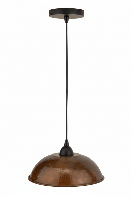 Brown pendant light with black hanging cord on a white background
