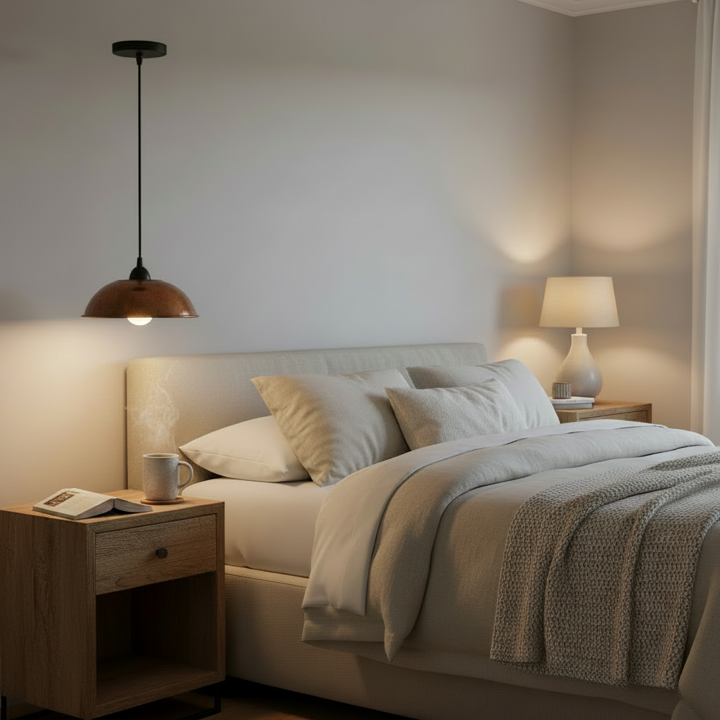 Cozy bedroom with a bed, nightstands, and soft lighting