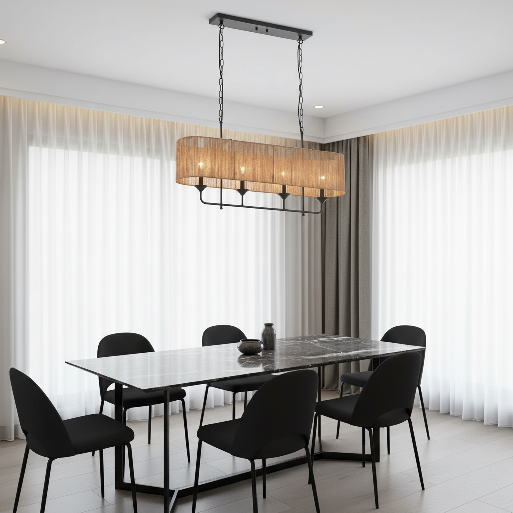 A modern rectangular pendant light with a beige woven shade and black metal frame hangs above a dining table with black chairs in a bright dining room with sheer white curtains.