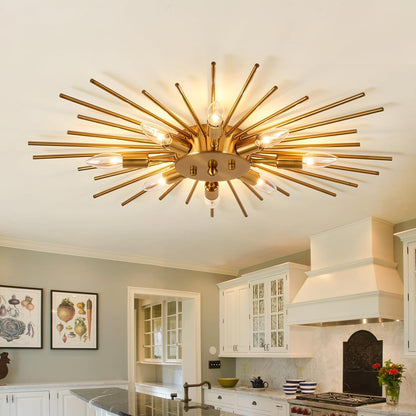 Gold ceiling light fixture in a kitchen with white cabinets and decorative elements.