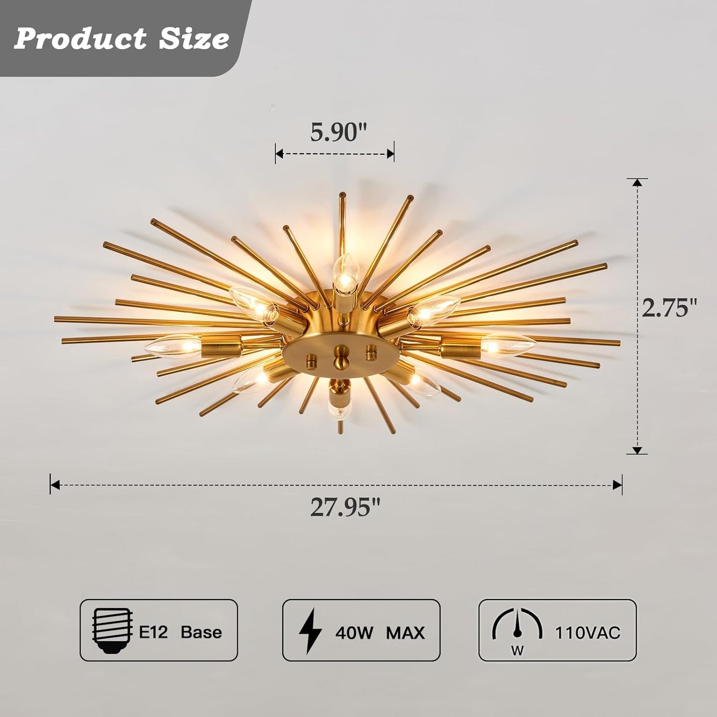 Gold ceiling light fixture with measurements on a gray background
