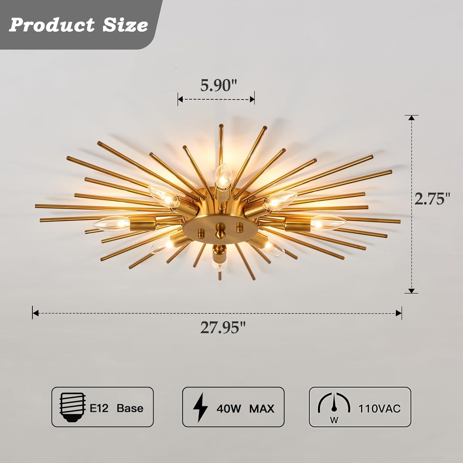 Gold ceiling light fixture with measurements on a gray background