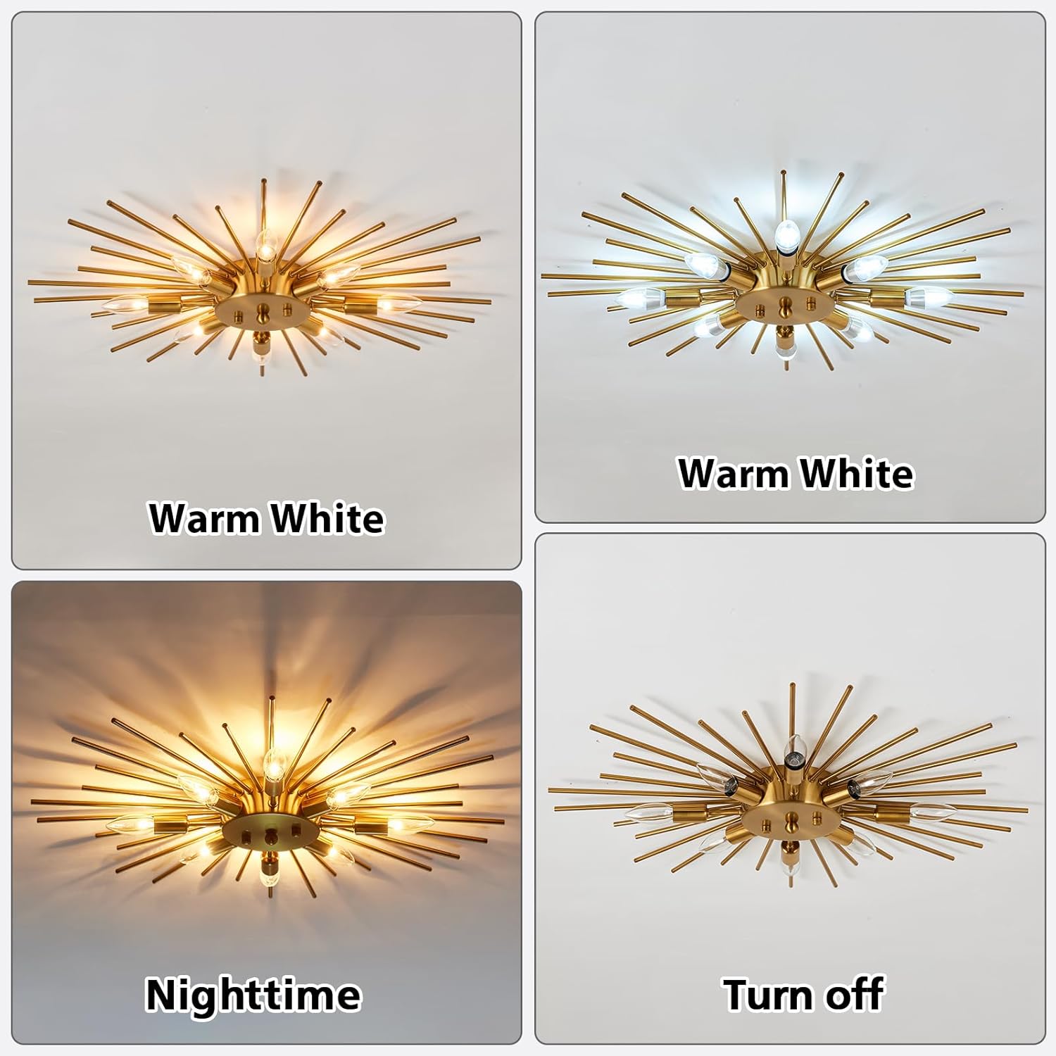 Four views of a gold wall light fixture with different lighting conditions.
