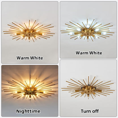 Four views of a gold wall light fixture with different lighting conditions.