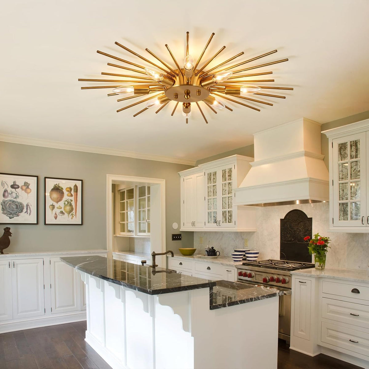 Modern kitchen with a gold ceiling light fixture