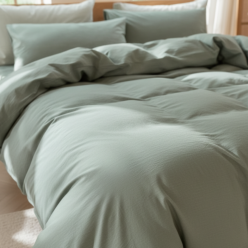A close-up of a bed made with a soft sage green duvet cover and matching pillowcases in a bright, sunlit bedroom.