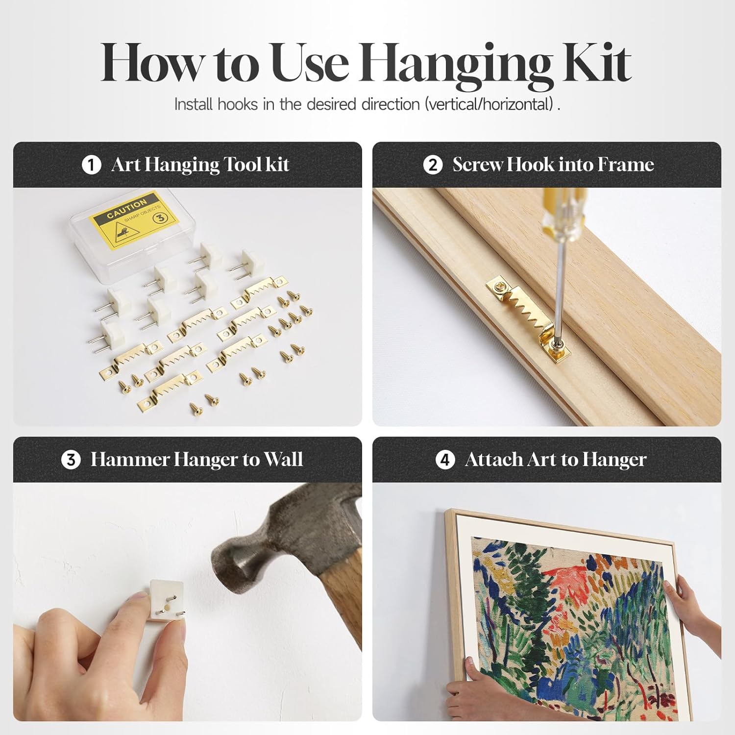 Step-by-step guide on how to use an art hanging kit with images and text.