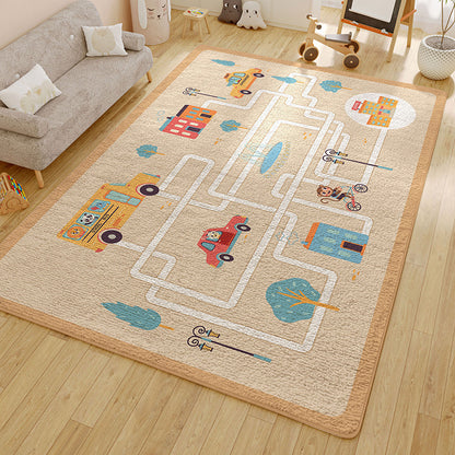 Polyester rectangle rug featuring car and bus design. Water and oil absorbent, soft, wear-resistant, non-slip. Ideal for any room in the house.