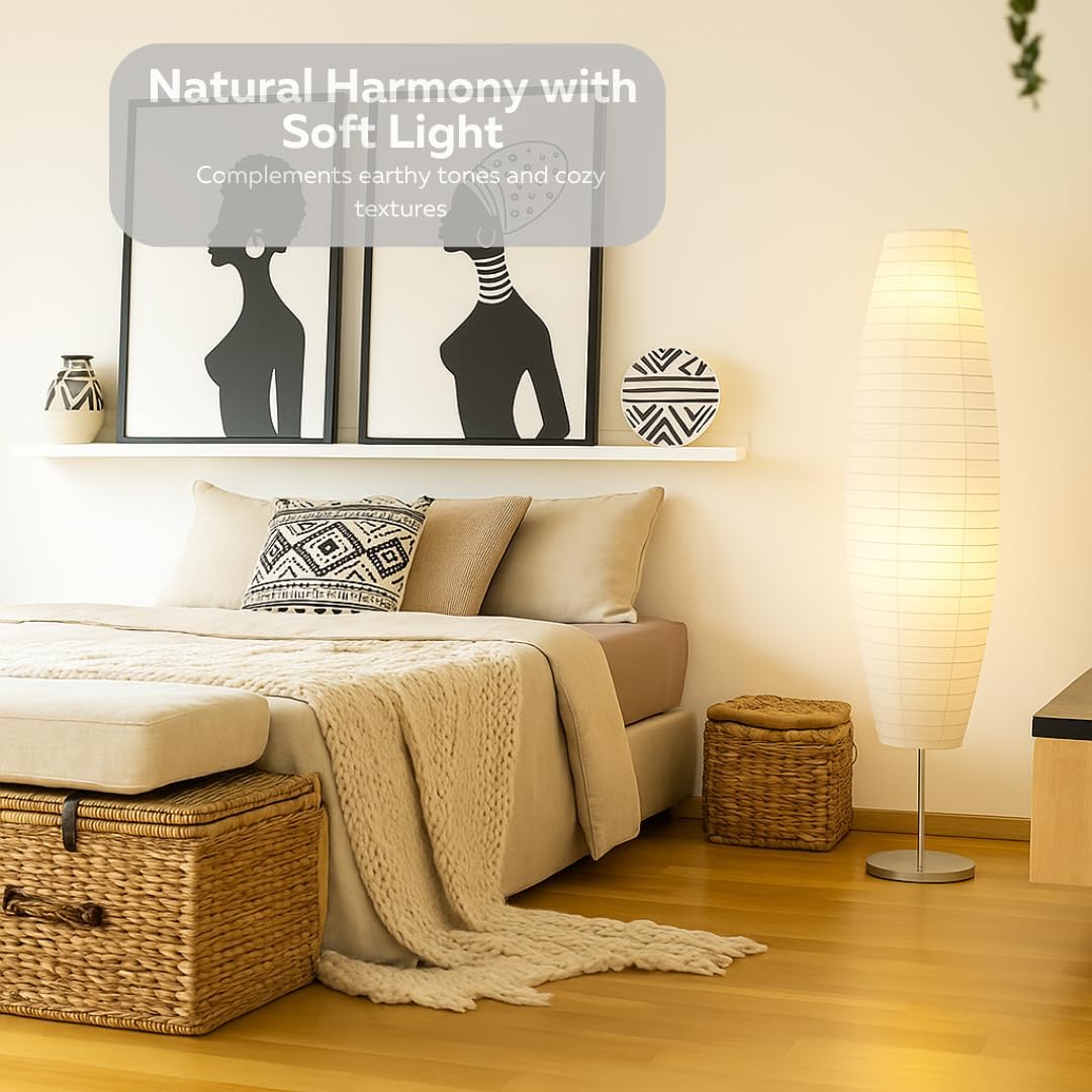 Cozy bedroom with neutral tones, soft lighting, and decorative elements.