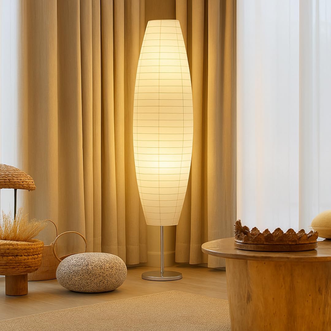 Floor lamp in a room with curtains and decorative items