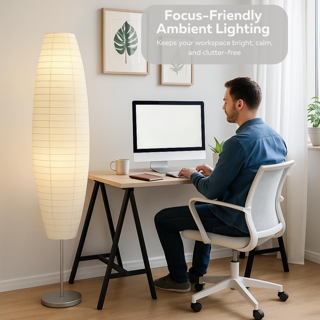 Man working at a desk with a lamp and computer, text 'Focus-Friendly Ambient Lighting'.