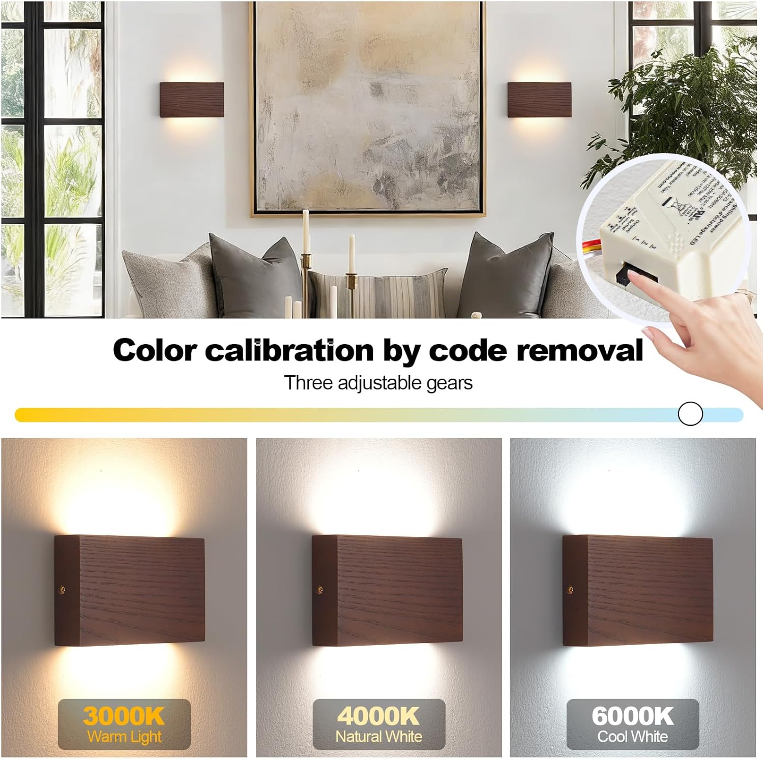 Living room with wall lights, color calibration by code removal feature, and three light temperature options.