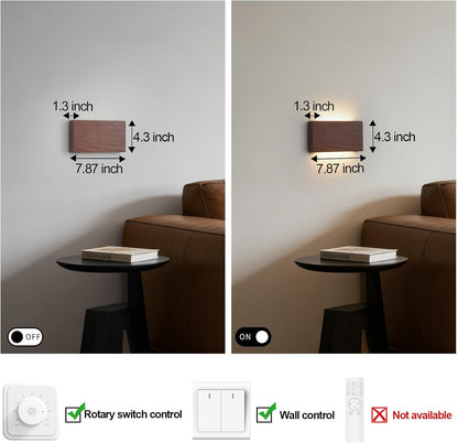 Wall-mounted light fixture with dimensions and control options displayed.
