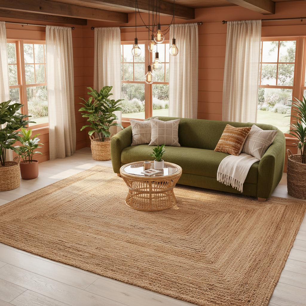 Living room with a beige sofa, wicker chairs, and a jute rug.