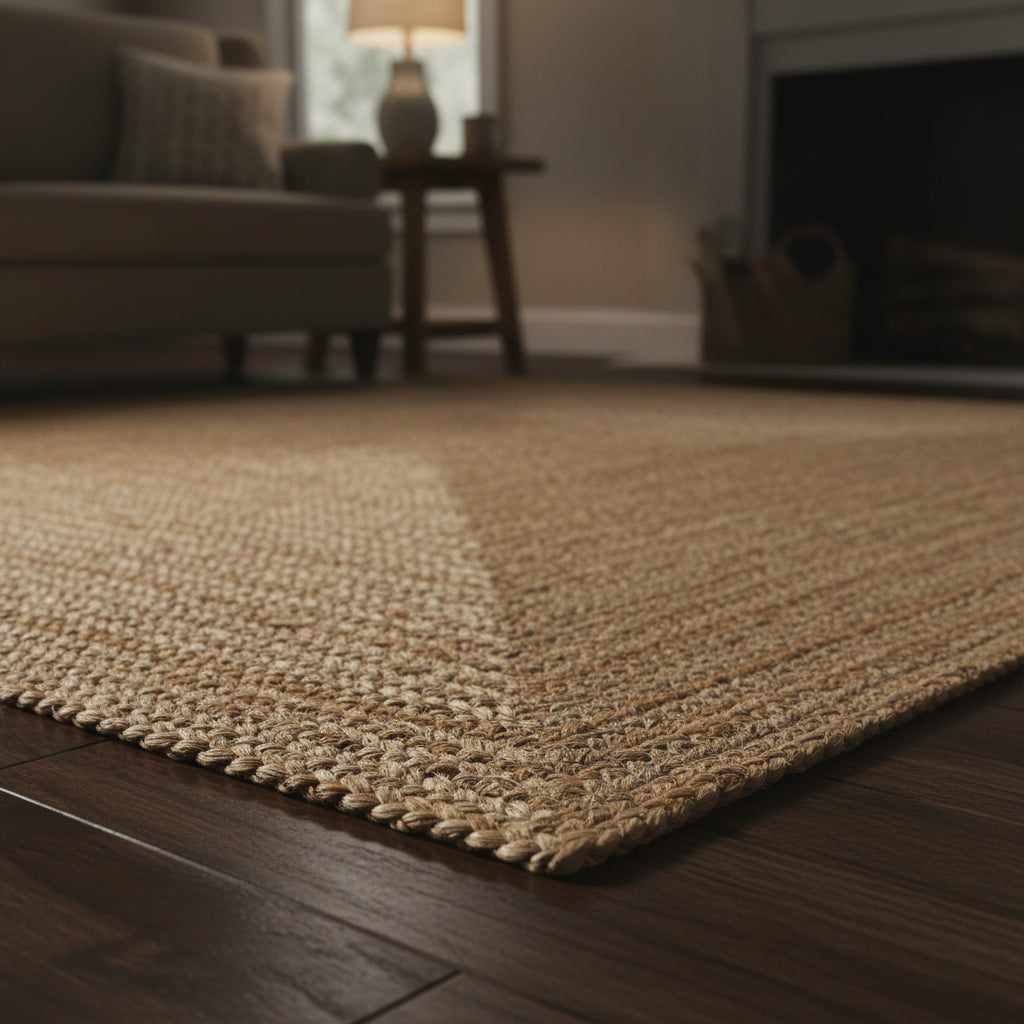 Close-up of a braided natural fiber rug on a light gray floor.