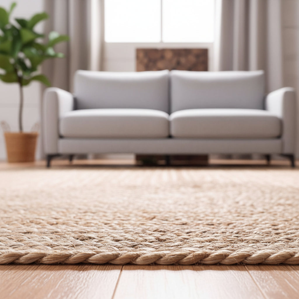 Close-up of a woven natural fiber rug on a tiled floor.