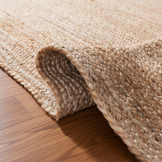 Close-up of a woven jute rug on a light wooden floor.