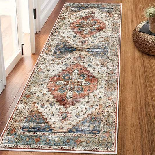 Decorative rug with geometric pattern on a wooden floor