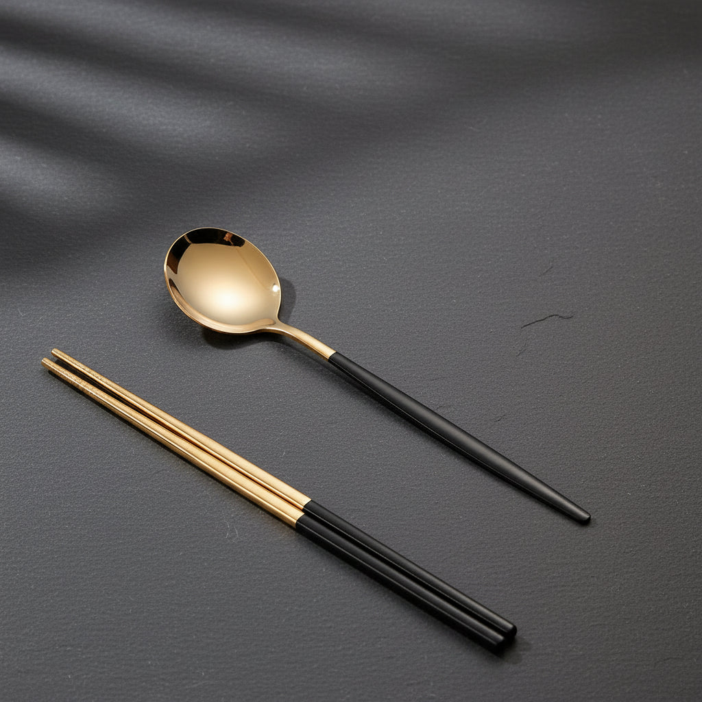 Gold spoon and chopsticks with black handles on a marble surface