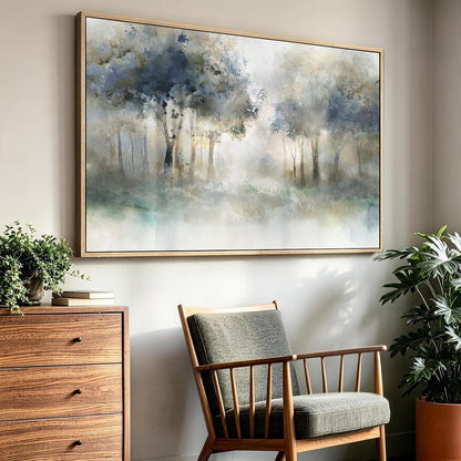 A large framed landscape painting of a misty blue-gray forest hangs on a beige wall above a mid-century modern wooden armchair, with a wooden chest and potted plants nearby.