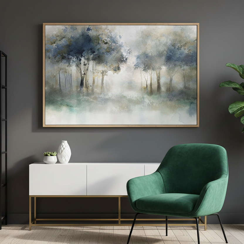 A framed abstract landscape painting featuring misty trees in shades of blue, gray, and white, displayed on a dark gray wall in a modern living room setting with a green armchair, white sideboard, and a potted plant.