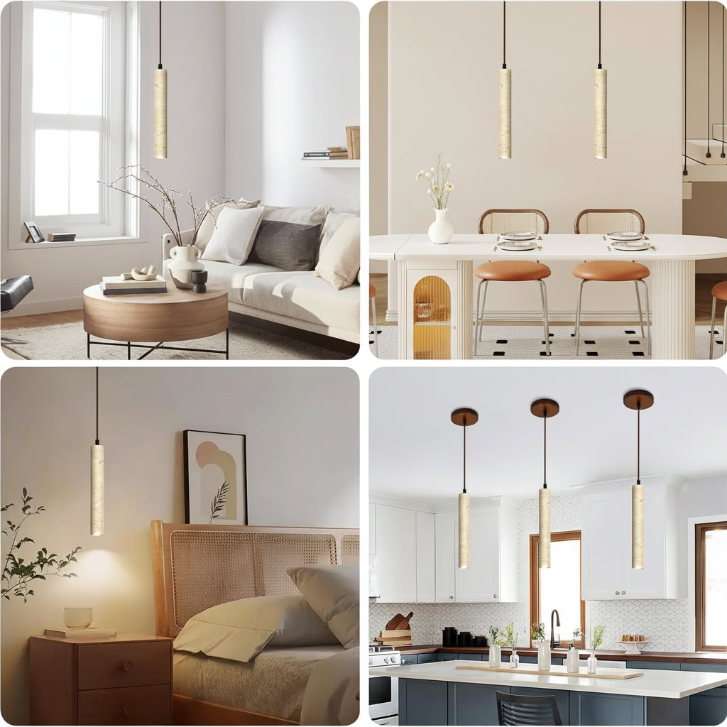 A four-panel collage showing pendant lights in real interior settings: a living room with one light, a dining room with two lights, a bedroom with one light, and a kitchen island with three lights. The lights have cylindrical frosted or textured beige shades with dark metal fixtures.