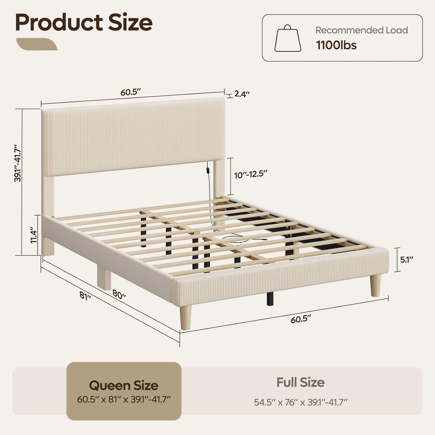 Queen size bed frame with dimensions and recommended load capacity on a white background