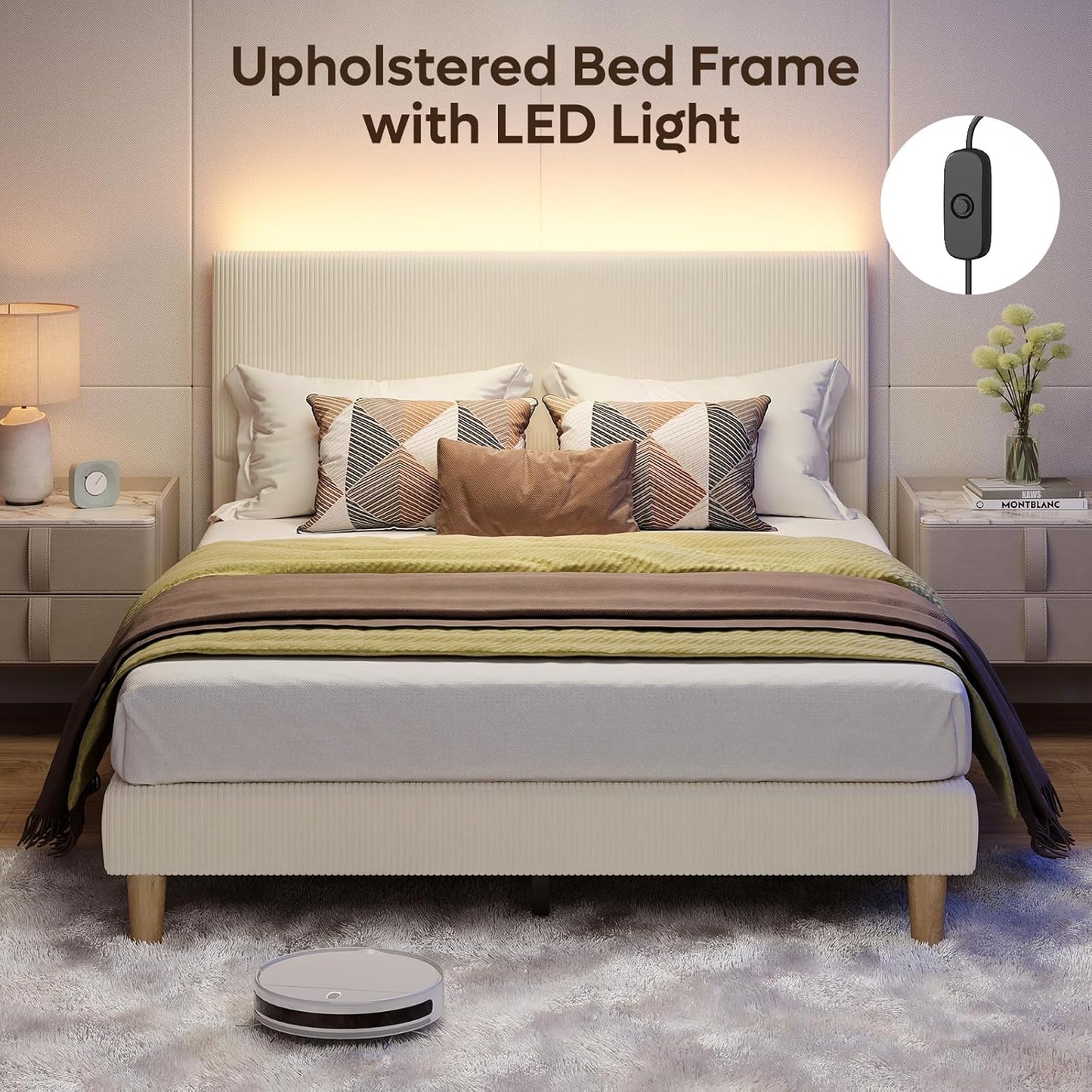 Beige upholstered bed frame with LED light feature, robot vacuum cleaner on floor.