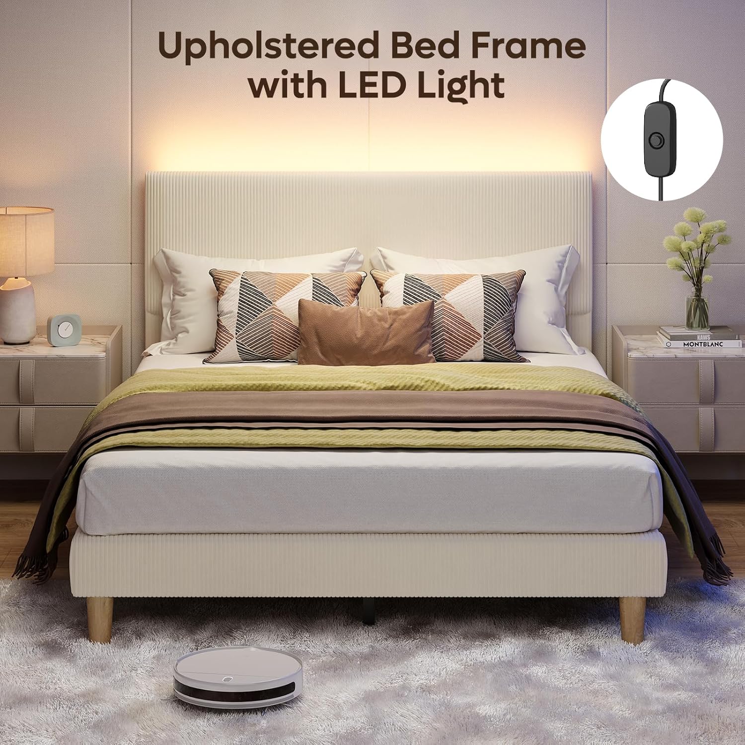 Beige upholstered bed frame with LED light feature, robot vacuum cleaner on floor.