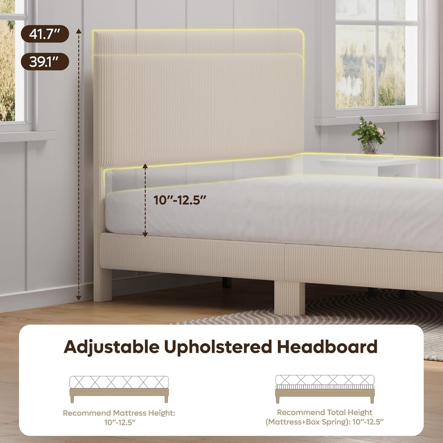Adjustable upholstered headboard with mattress dimensions in a room setting.