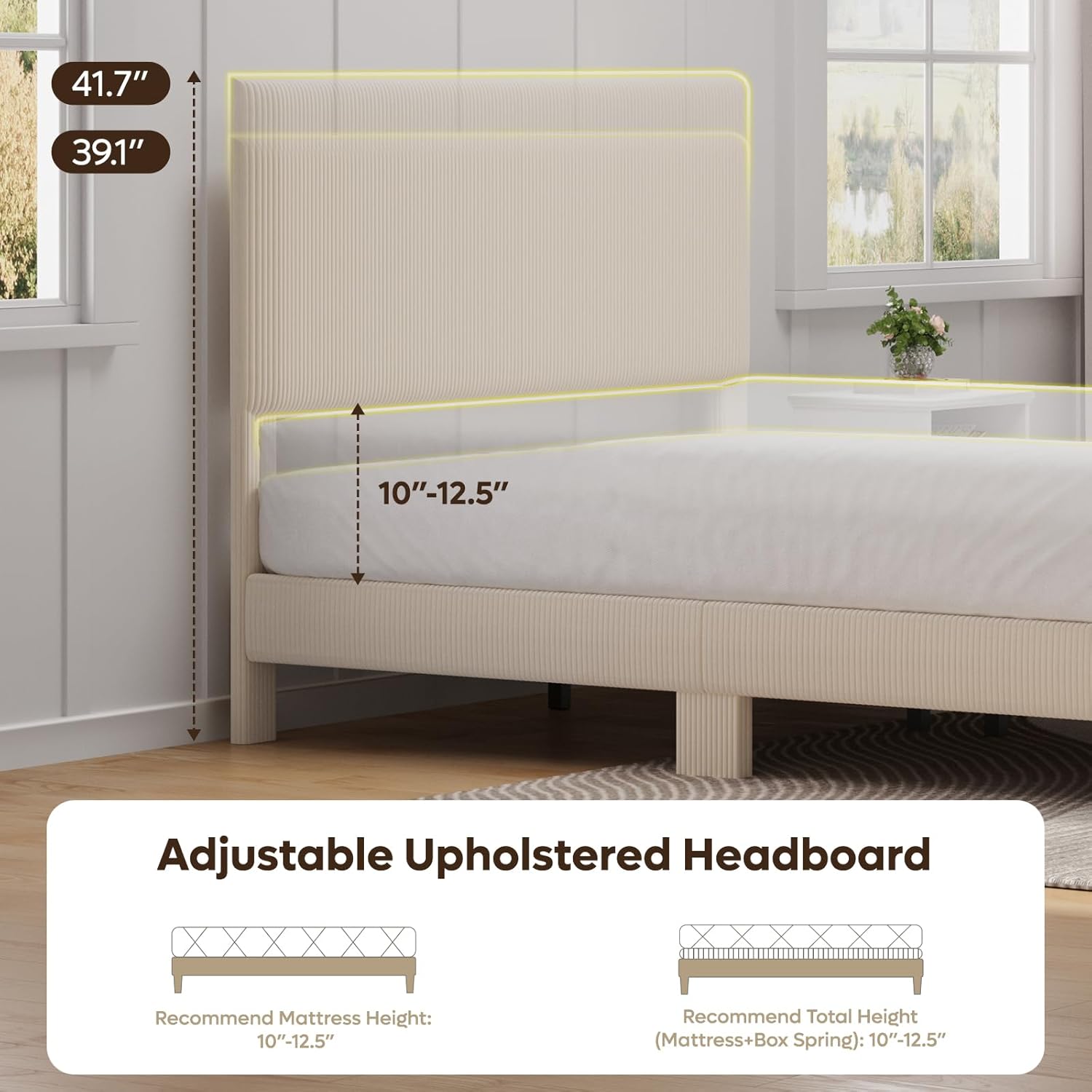 Adjustable upholstered headboard with mattress dimensions in a room setting.