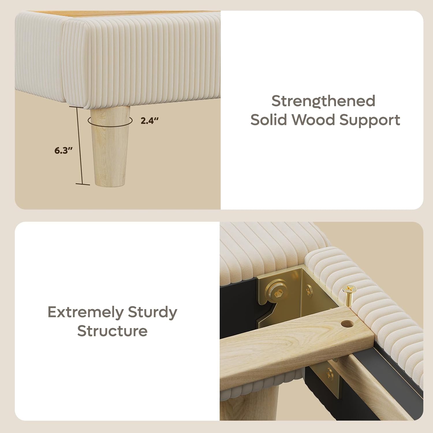 Collage of a bed with strengthened solid wood support and measurements.
