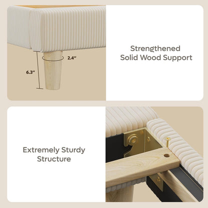 Collage of a bed with strengthened solid wood support and measurements.