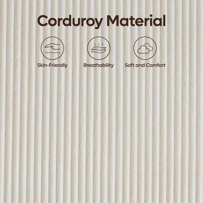 Corduroy material with text and icons highlighting skin-friendliness, breathability, and softness.