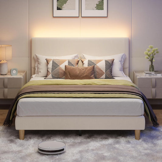 Robotic vacuum cleaner on a carpeted floor in a bedroom setting.