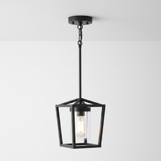 A modern black metal pendant light with a geometric open-frame lantern design and a clear glass shade showing an Edison bulb, set against a plain white background.