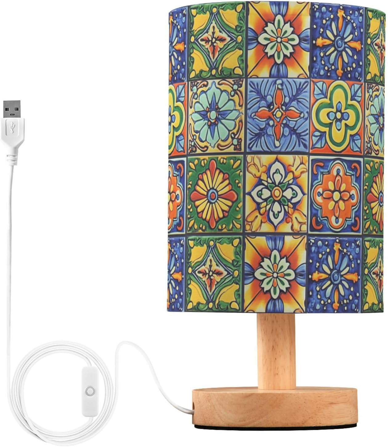 Colorful tiled lamp with wooden base and USB cable on a white background