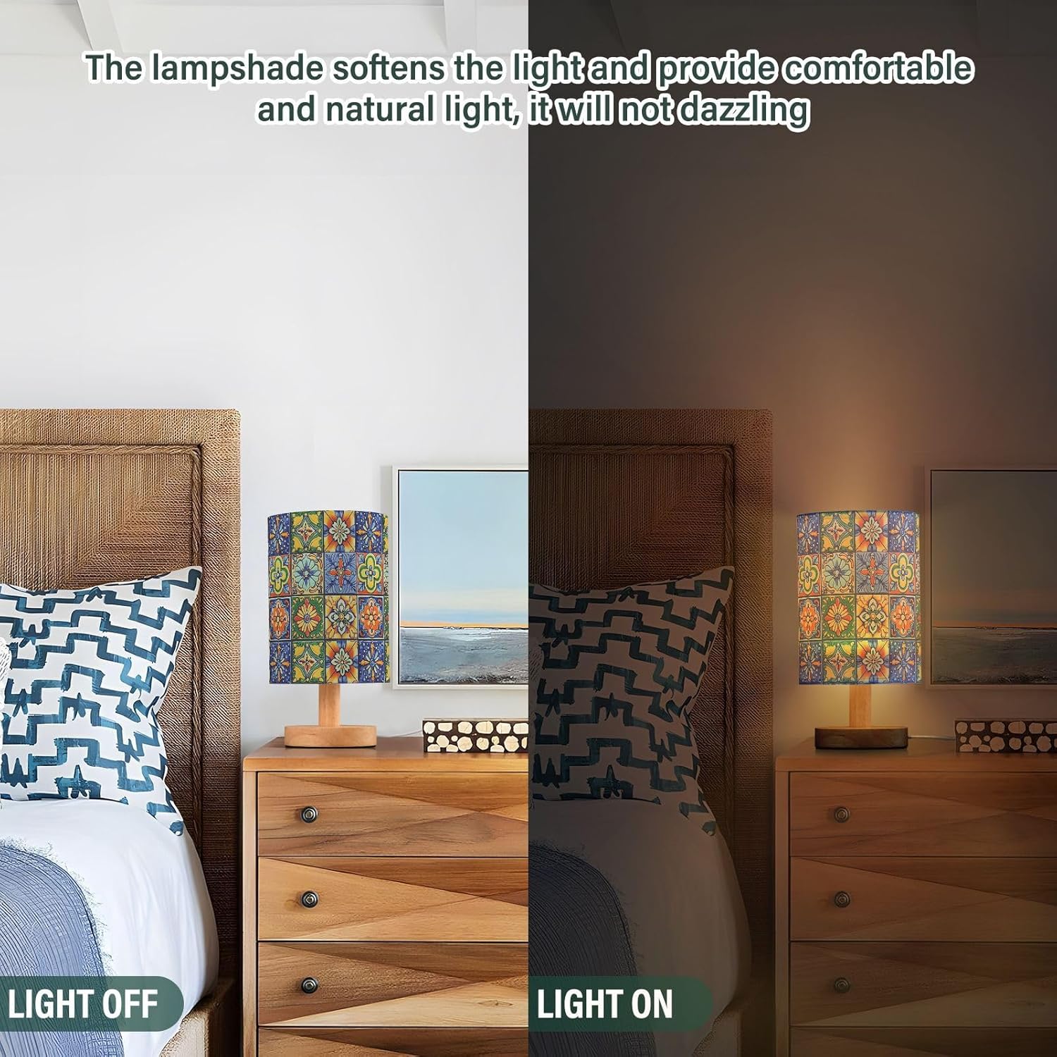 Comparison of a lampshade in a bedroom setting with light off and light on.